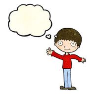 cartoon happy waving boy with thought bubble N5