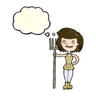 cartoon happy farmer girl with thought bubble N3