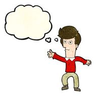 cartoon man waving with thought bubble N8