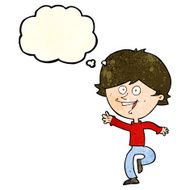 cartoon happy waving boy with thought bubble N6