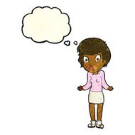 cartoon woman shrugging shoulders with thought bubble N155