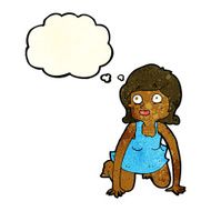 cartoon woman on all fours with thought bubble N7