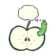 cartoon bug eating apple with thought bubble N6