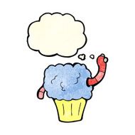 cartoon worm in cupcake with thought bubble N4