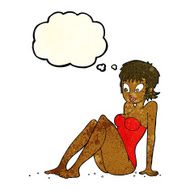 cartoon woman in swimsuit with thought bubble N3