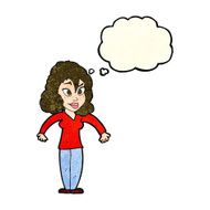cartoon woman shrugging shoulders with thought bubble N156