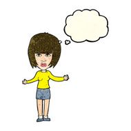 cartoon woman shrugging shoulders with thought bubble N157