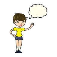 cartoon woman waving with thought bubble N107