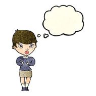 cartoon woman gesturing at self with thought bubble N10
