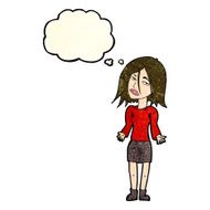cartoon woman shrugging shoulders with thought bubble N158