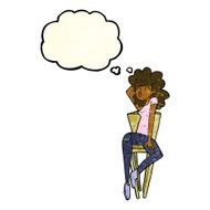 cartoon woman posing on chair with thought bubble N6