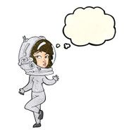 cartoon woman wearing space helmet with thought bubble N6