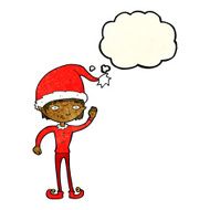 cartoon waving christmas elf with thought bubble N4