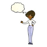 cartoon woman waving with thought bubble N110
