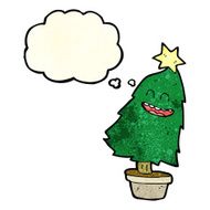 cartoon dancing christmas tree with thought bubble N7