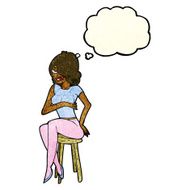 cartoon woman sitting on bar stool with thought bubble N7