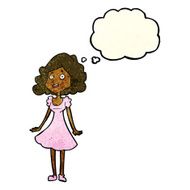 cartoon happy woman in dress with thought bubble N9