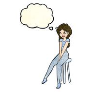 cartoon pretty girl on stool with thought bubble N3