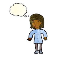 cartoon cautious woman with thought bubble N4