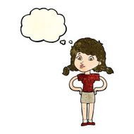 cartoon pretty girl with hands on hips thought bubble N2