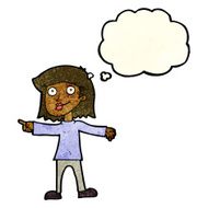 cartoon happy woman pointing with thought bubble N23