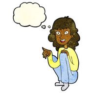 cartoon happy woman sitting and pointing with thought bubble N4