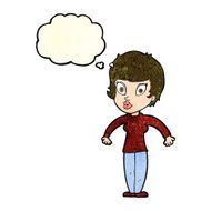 cartoon woman shrugging shoulders with thought bubble N159