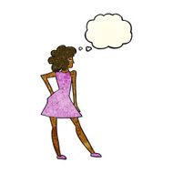cartoon woman posing in dress with thought bubble N10