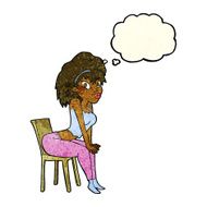 cartoon woman posing on chair with thought bubble N7