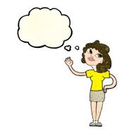 cartoon woman waving with thought bubble N111