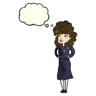 cartoon woman in trench coat with thought bubble N7