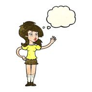 cartoon pretty woman waving for attention with thought bubble N4