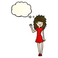 cartoon happy woman waving with thought bubble N3