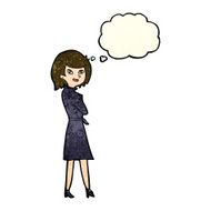 cartoon woman in trench coat with thought bubble N8