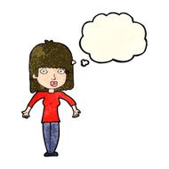cartoon woman shrugging with thought bubble N22