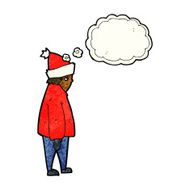 cartoon person in winter clothes with thought bubble N4