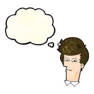 cartoon man narrowing eyes with thought bubble N16