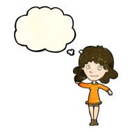 cartoon friendly woman waving with thought bubble N17
