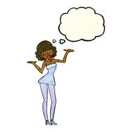 cartoon woman in cocktail dress with thought bubble N7