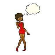 cartoon woman in cocktail dress with thought bubble N8