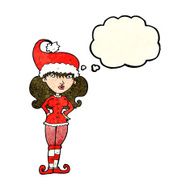 cartoon santa&#039;s helper woman with thought bubble N4