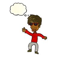 cartoon waving cool guy with thought bubble N4