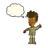 cartoon worried man giving thumbs up symbol with thought bubble N4
