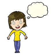 cartoon woman shrugging shoulders with thought bubble N163