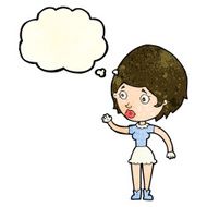 cartoon woman waving with thought bubble N112