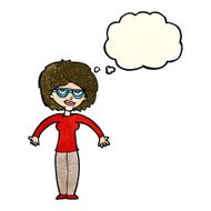 cartoon woman shrugging shoulders with thought bubble N165