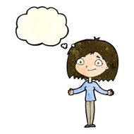 cartoon woman shrugging shoulders with thought bubble N168