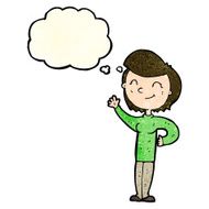 cartoon friendly waving woman with thought bubble N4