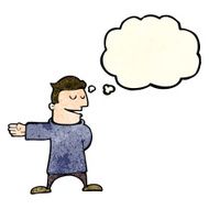 cartoon man gesturing direction with thought bubble N4