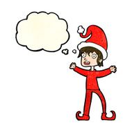 cartoon excited christmas elf with thought bubble N3